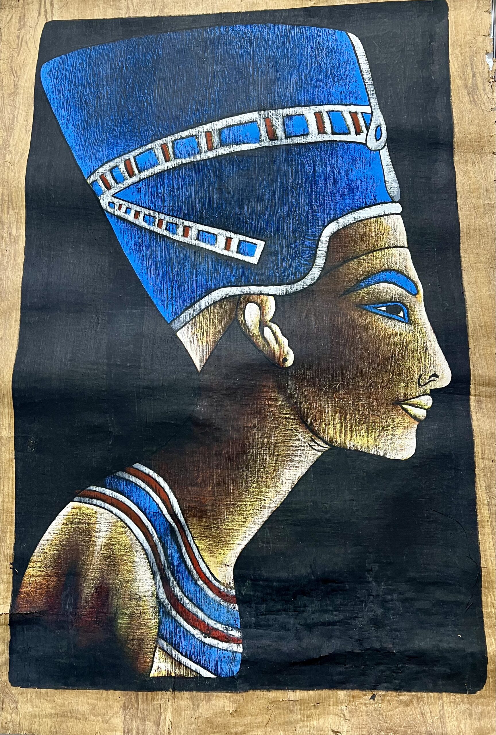 Authentic hand-painted Egyptian papyrus portrait purchased in Sharm El-Sheikh, created on darker, thicker traditional papyrus paper with rich pigments and classic ancient Egyptian styling.