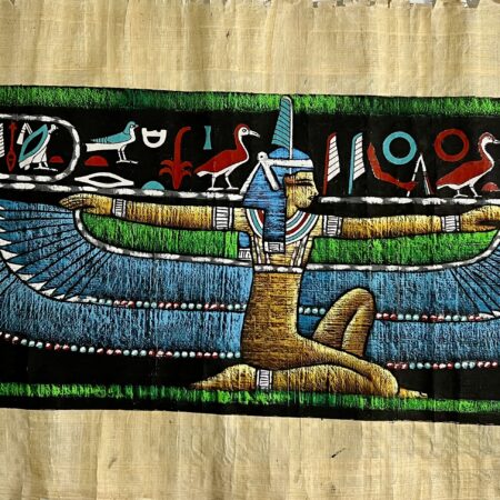 Authentic hand-painted Egyptian papyrus artwork purchased in Sharm El-Sheikh in 2004, created on traditional lighter-weight papyrus paper with vibrant colors and detailed hieroglyphic imagery.