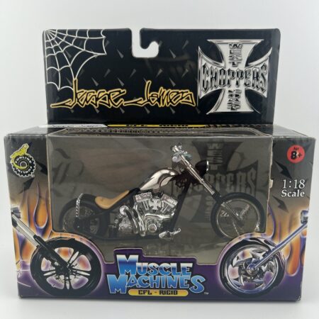 muscle machines diecast chopper motorcycle in packaging black custom bike front view