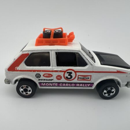 white rally diecast car Monte Carlo rally number 3 roof gear side view left profile