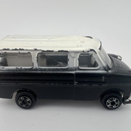 Vintage Zylmex Ford Van P335 black and white diecast car Hong Kong with paint wear right side view