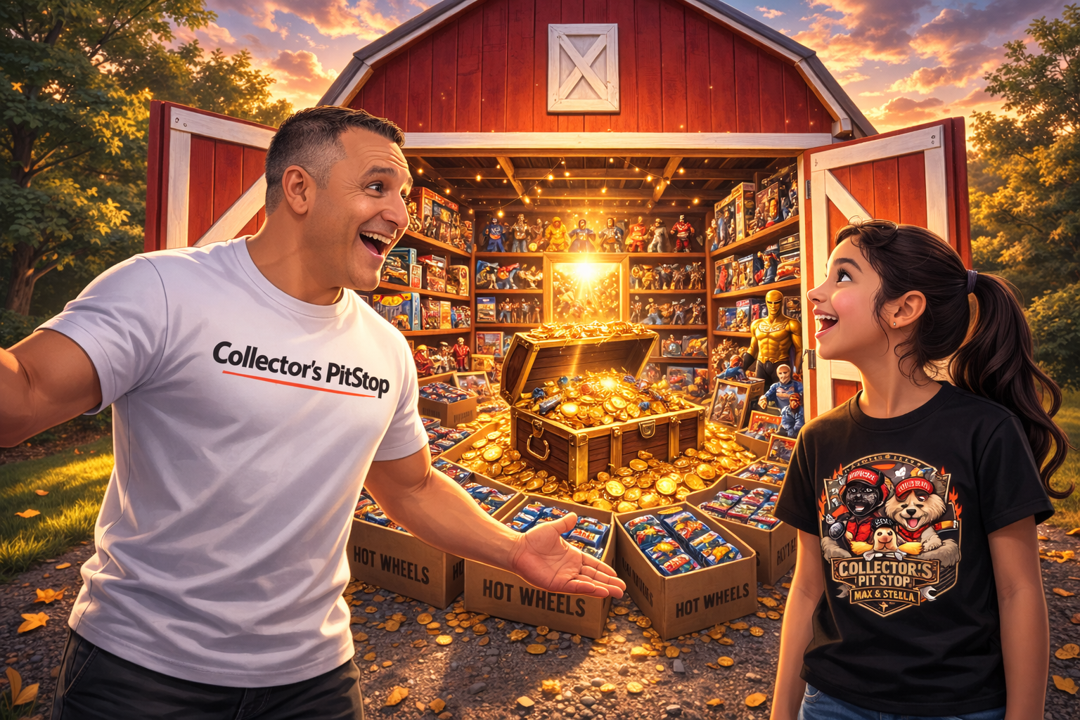 Father and daughter discovering a collection of Hot Wheels cars inside a red barn filled with collectibles and treasure