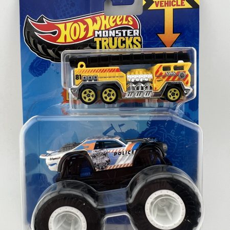 Hot Wheels Monster Trucks Night Shifter diecast monster truck with bonus Hot Wheels vehicle in original packaging, oversized wheels, 1:64 scale collectible set