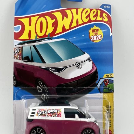 Hot Wheels VW ID Buzz Bomb HW Euro diecast car in original packaging with European theme artwork and Mattel branding, 1:64 scale collectible