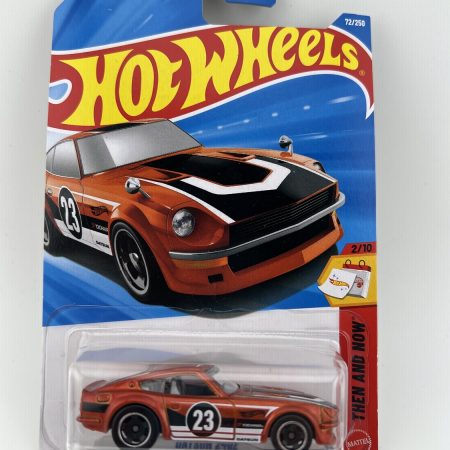 Hot Wheels Datsun 240Z Then and Now diecast car in original packaging with themed artwork and Mattel branding, 1:64 scale collectible