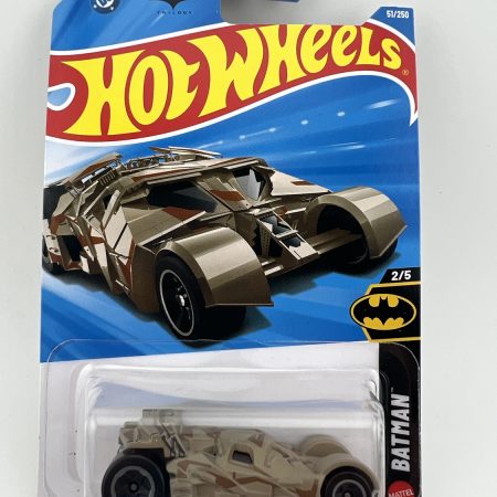 Hot Wheels The Dark Knight Batmobile diecast car in original packaging with Batman branding and themed artwork, 1:64 scale collectible