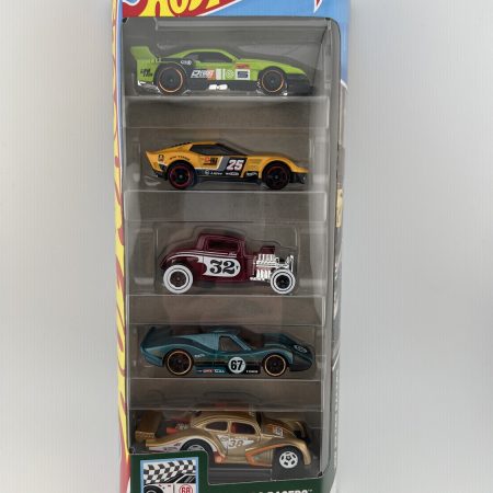 Hot Wheels HW Retro Racers 5-pack diecast cars set with multiple racing vehicles in original packaging, 1:64 scale collectible pack by Mattel