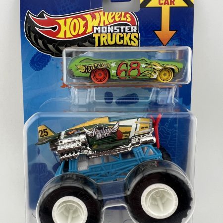 Hot Wheels Monster Trucks Airplane Mode diecast monster truck with crushable car in original packaging, oversized wheels, 1:64 scale collectible set