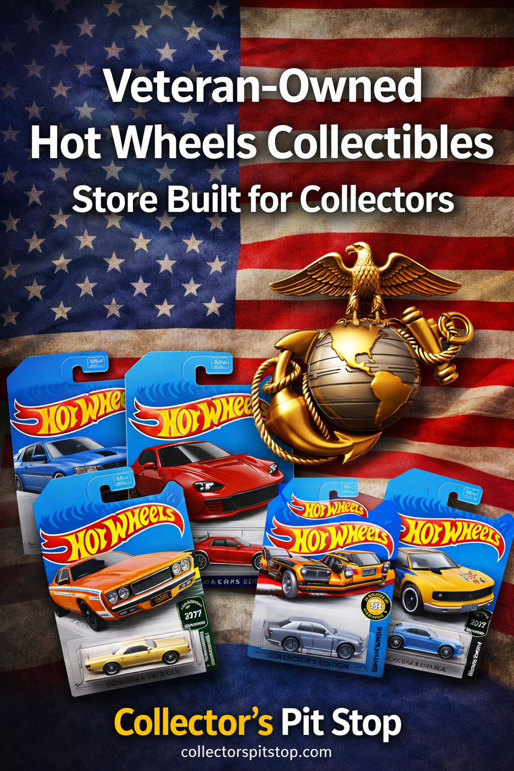 Veteran owned Hot Wheels collectibles store with American flag and diecast cars