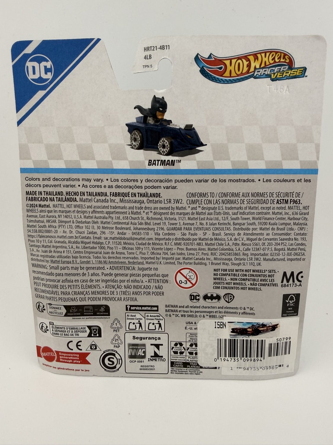 Back of Hot Wheels RacerVerse Batman diecast packaging showing details
