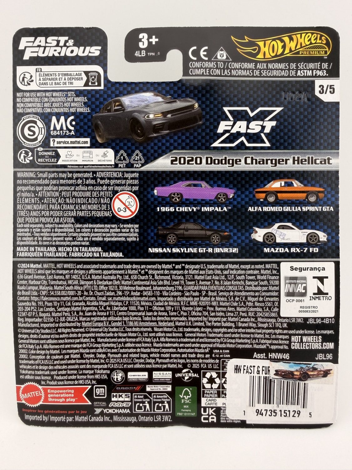 Back of Hot Wheels Fast and Furious 2020 Dodge Charger Hellcat Premium card showing details