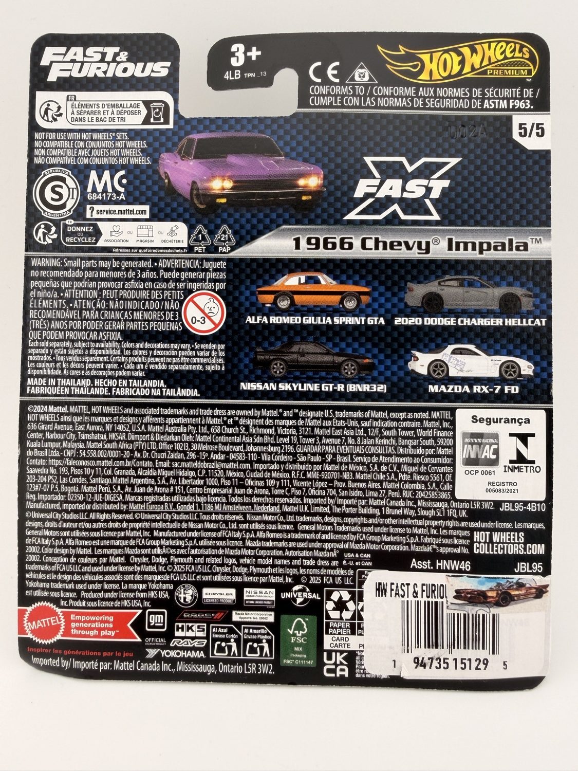 Back of Hot Wheels Fast and Furious 1966 Chevy Impala Premium card showing details