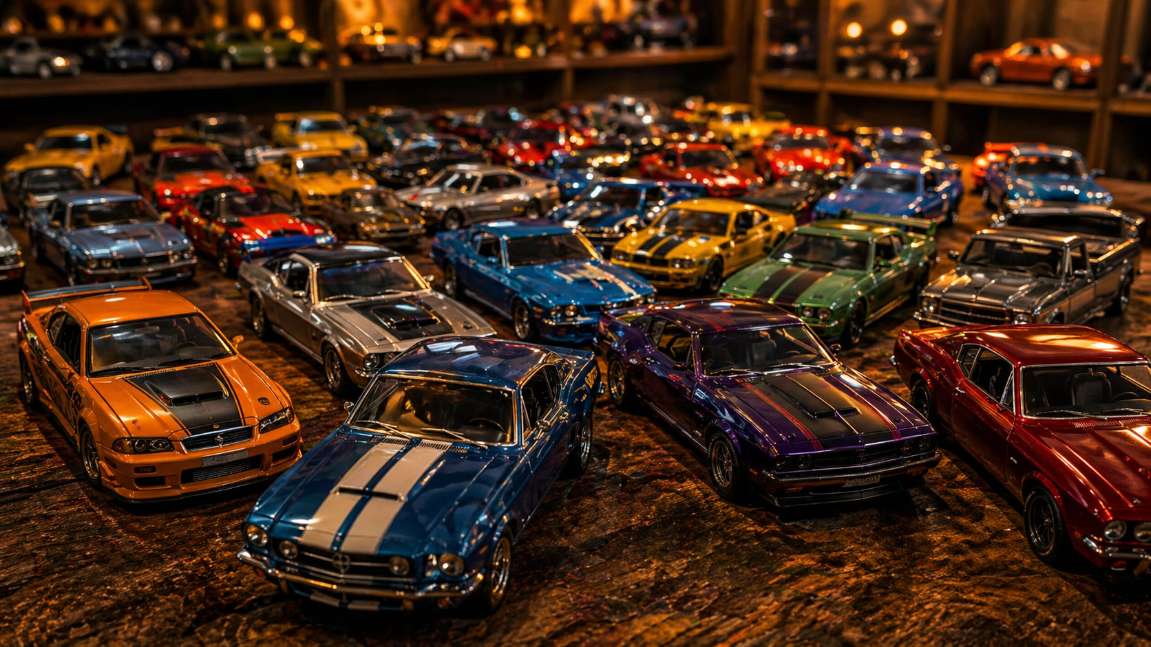 loose diecast cars displayed on a wooden table in a collector setup with colorful miniature vehicles