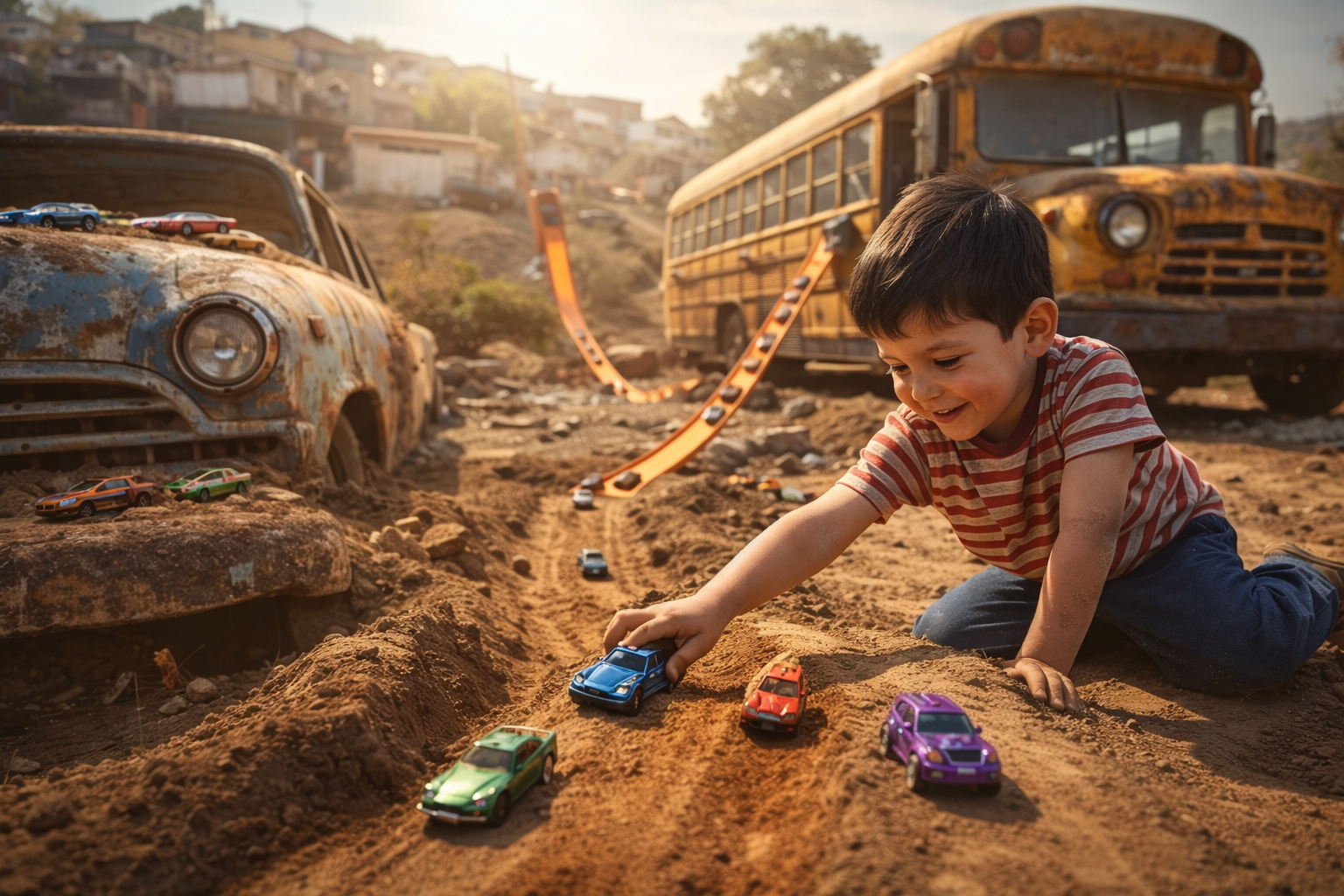 Child playing with Hot Wheels cars in dirt in Tijuana Mexico with abandoned car and school bus representing early 1970s Hot Wheels childhood memories