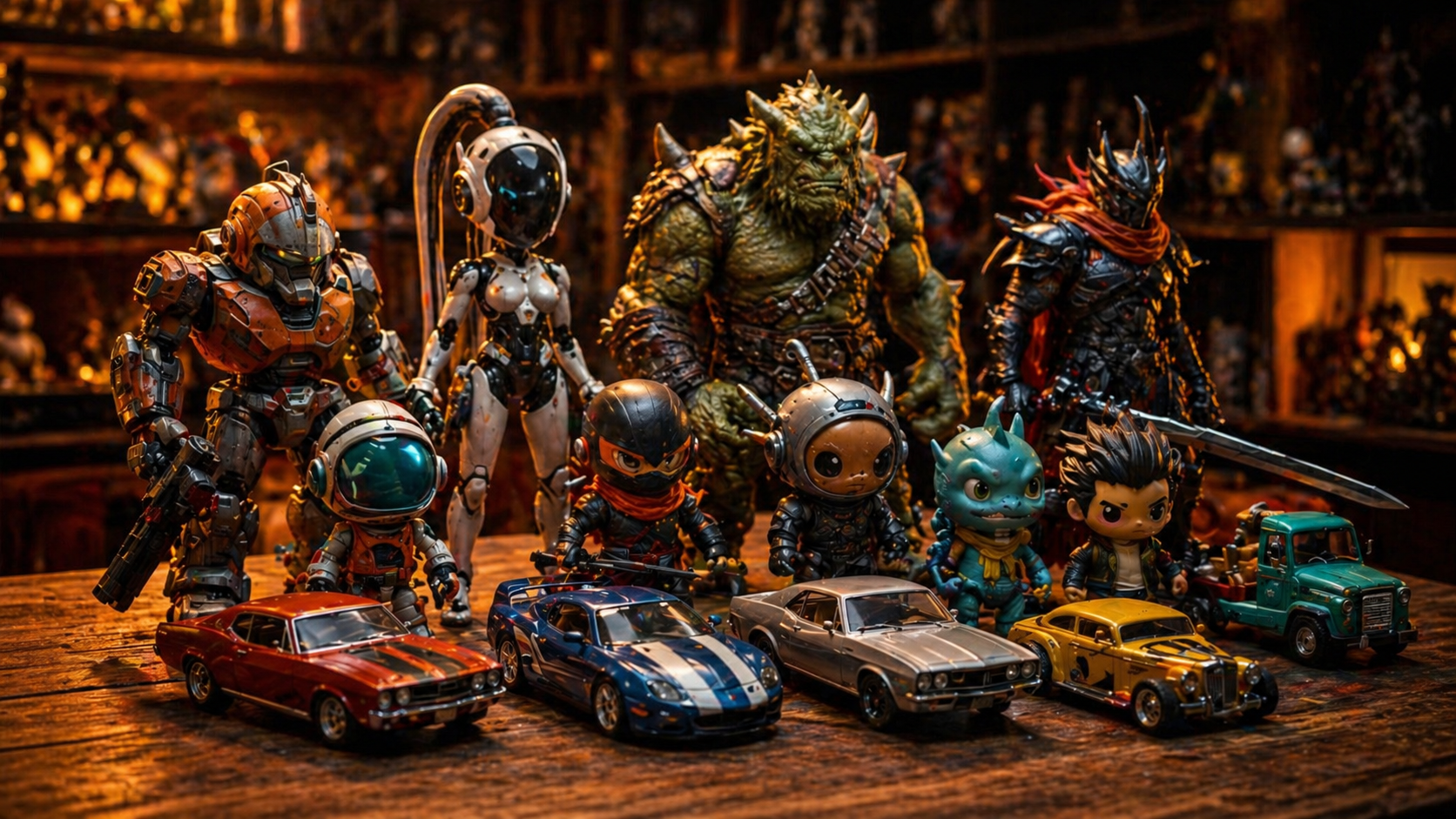 collectible toys and action figures displayed in a clean, cinematic setup with miniature cars on a wooden table