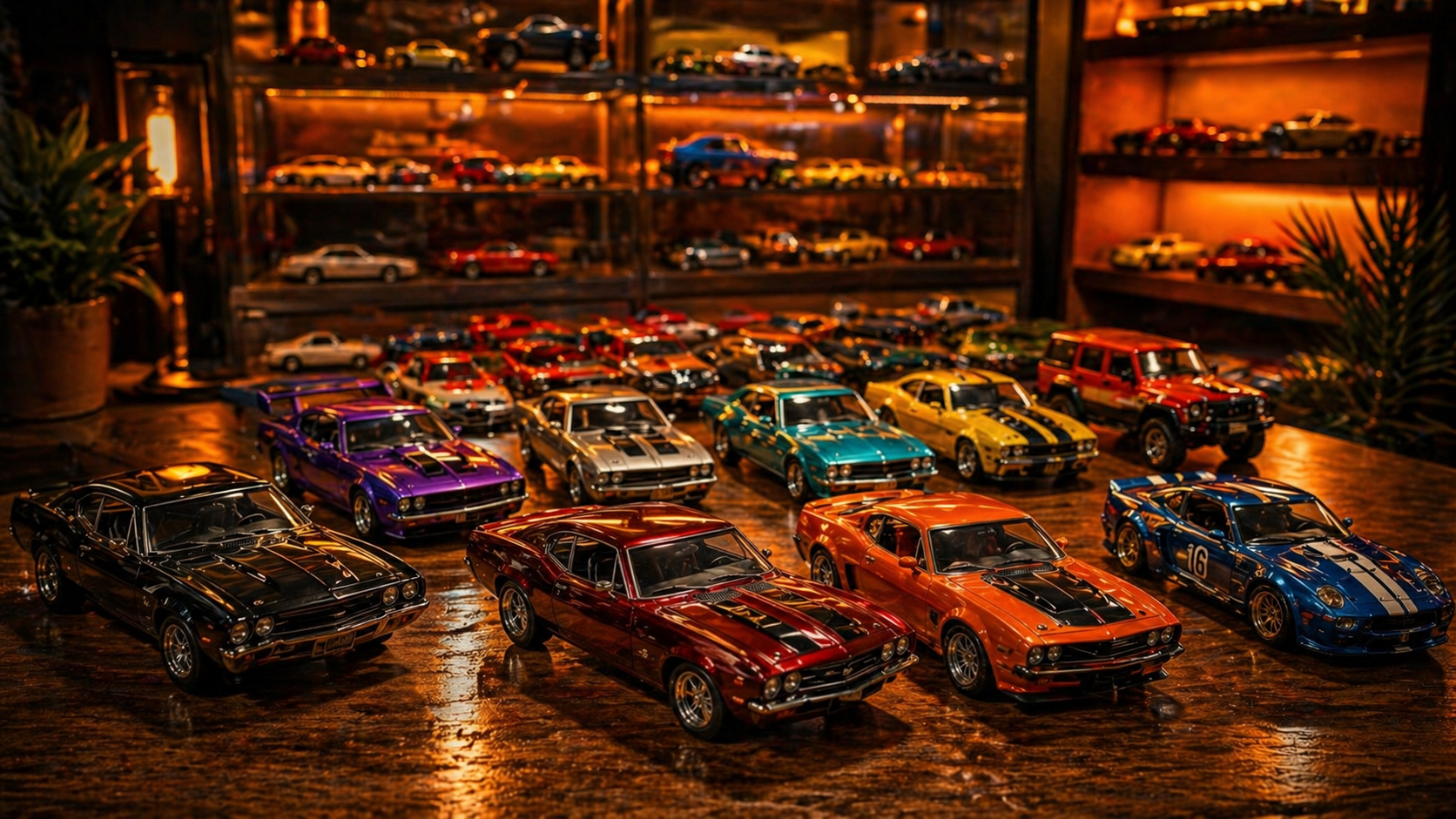 1:64 scale diecast cars displayed in a premium collector setup with dramatic lighting and organized shelves in the background