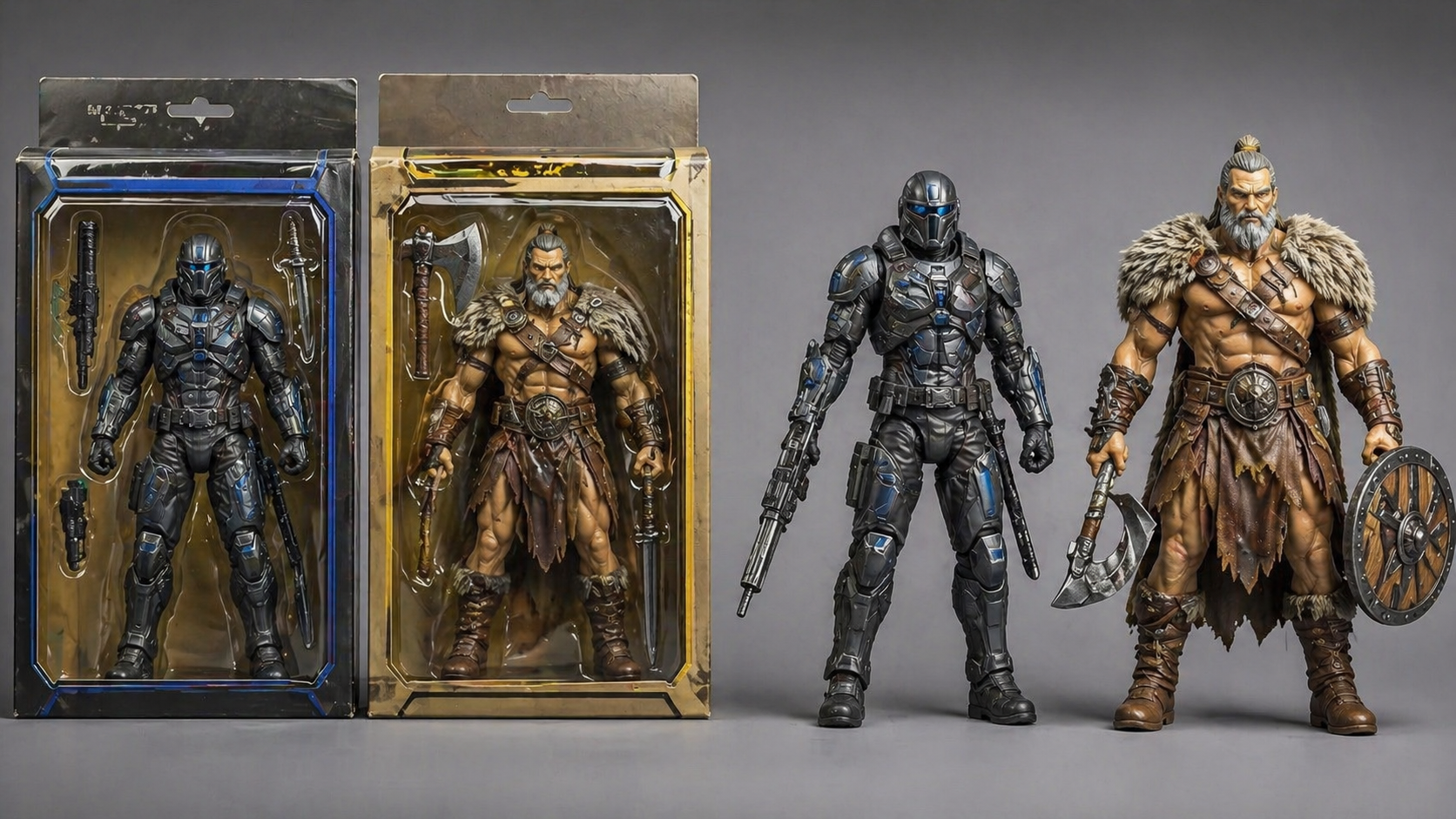 Side by side comparison of boxed and loose action figures showing collector value and condition