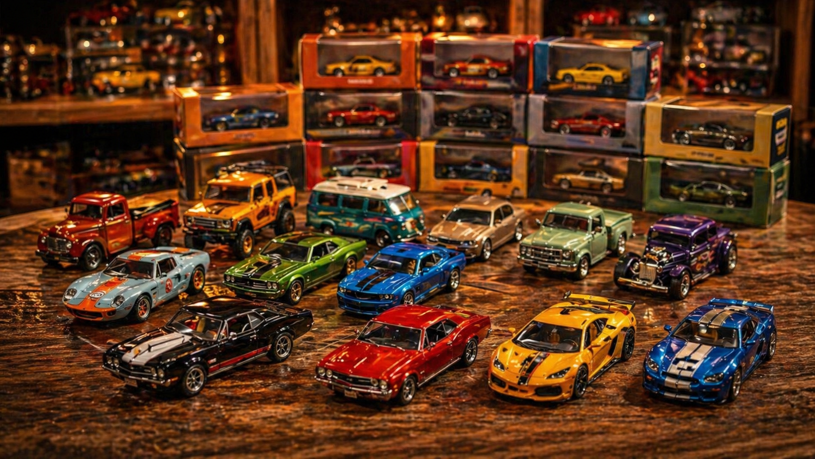 diecast cars displayed in a collector setup with colorful miniature vehicles and generic packaging on a wooden table
