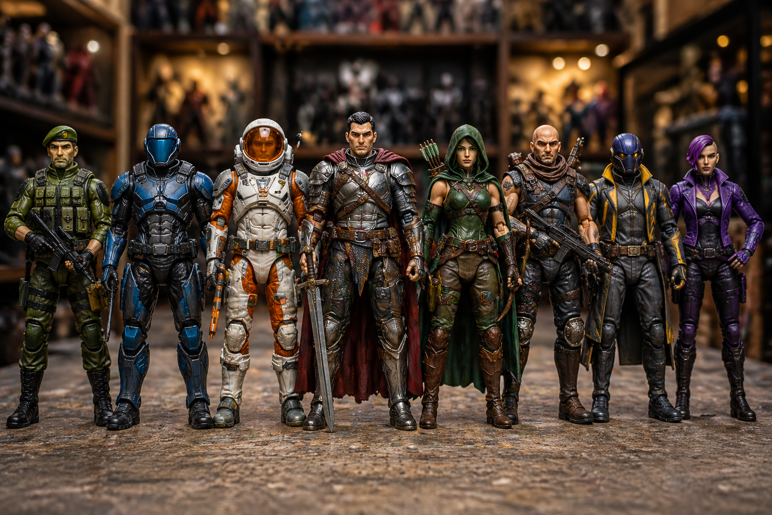 Collection of detailed action figures in a lineup showing sci-fi, fantasy, and military styles in a collector display