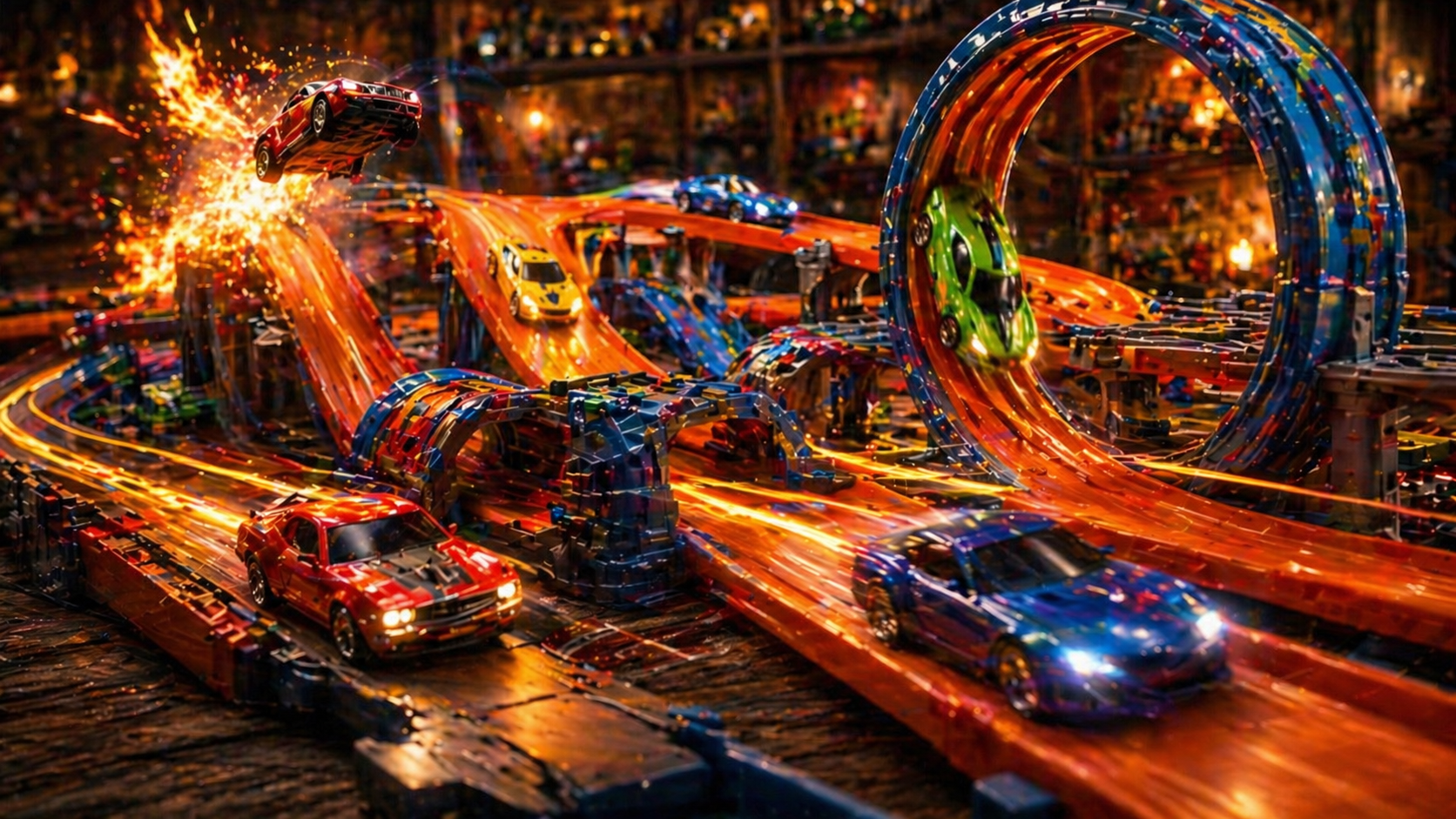 diecast car track set with miniature cars racing through loops and ramps in a dynamic collector display