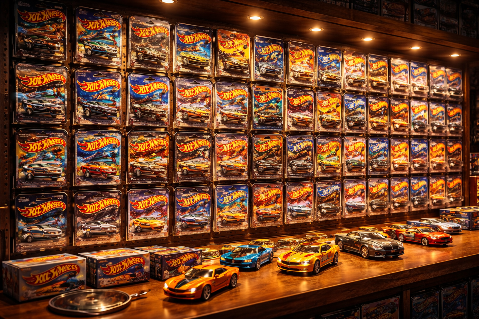 Best Hot Wheels to collect showcased on a wall display with over 50 diecast cars in packaging including rare and valuable collector models