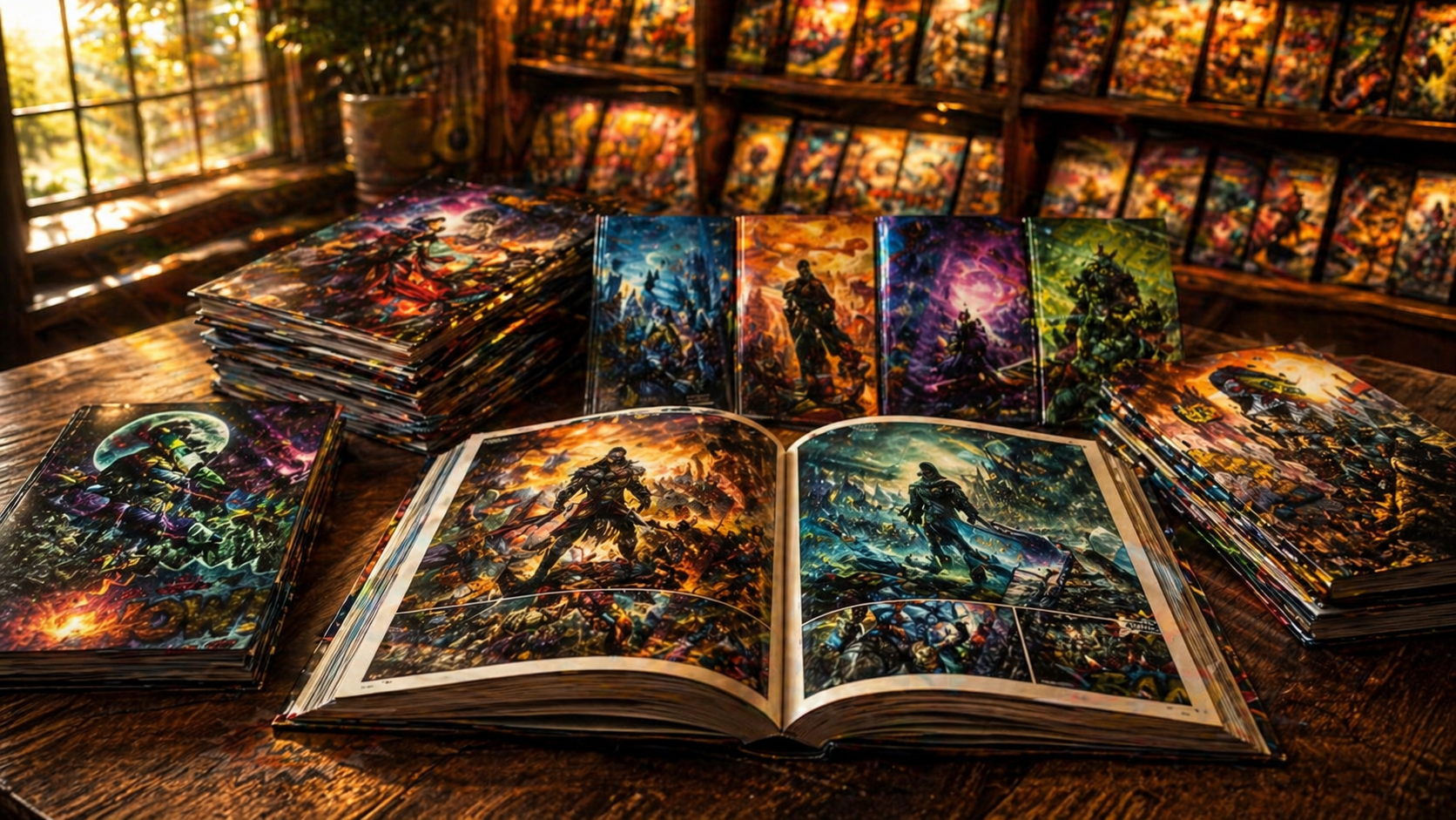 comic books and graphic novels displayed in a collector setup with open illustrated pages and stacks of colorful books on a wooden table
