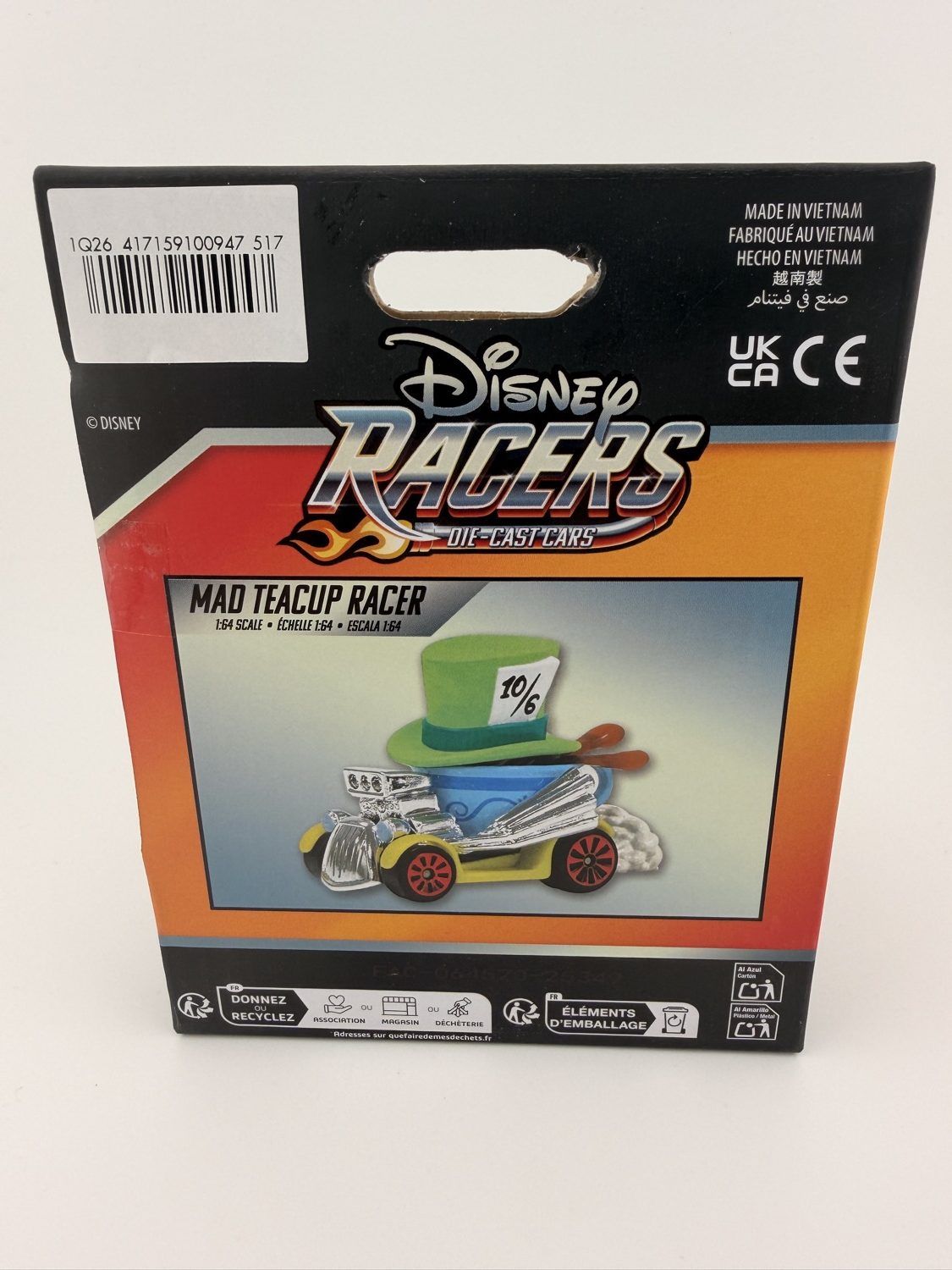 Disney Racers Mad Teacup Racer packaging back showing vehicle artwork and branding
