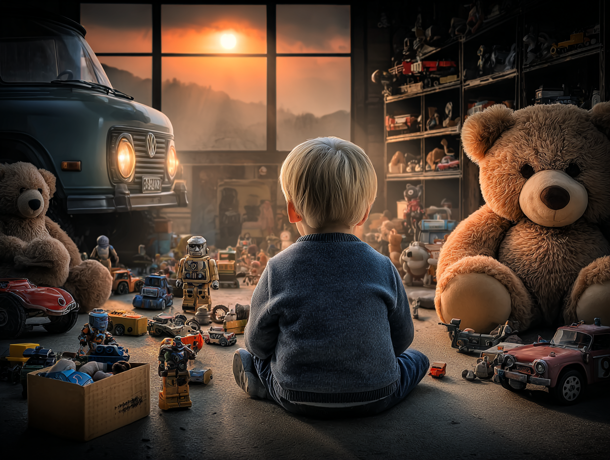 Child playing with action figures and toy cars in a nostalgic collector room at Collectors’ PitStop