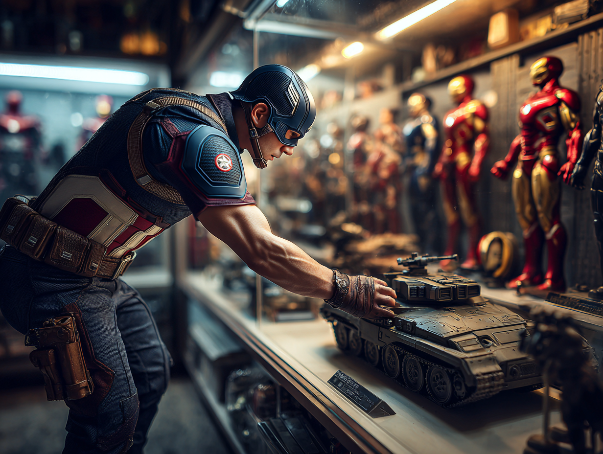 Collector placing an action figure on a display shelf with care