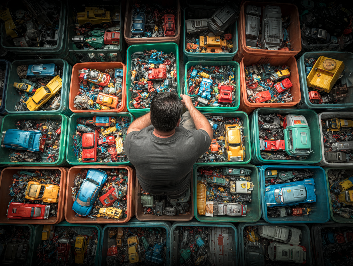 Collector searching through bins for action figures at a market