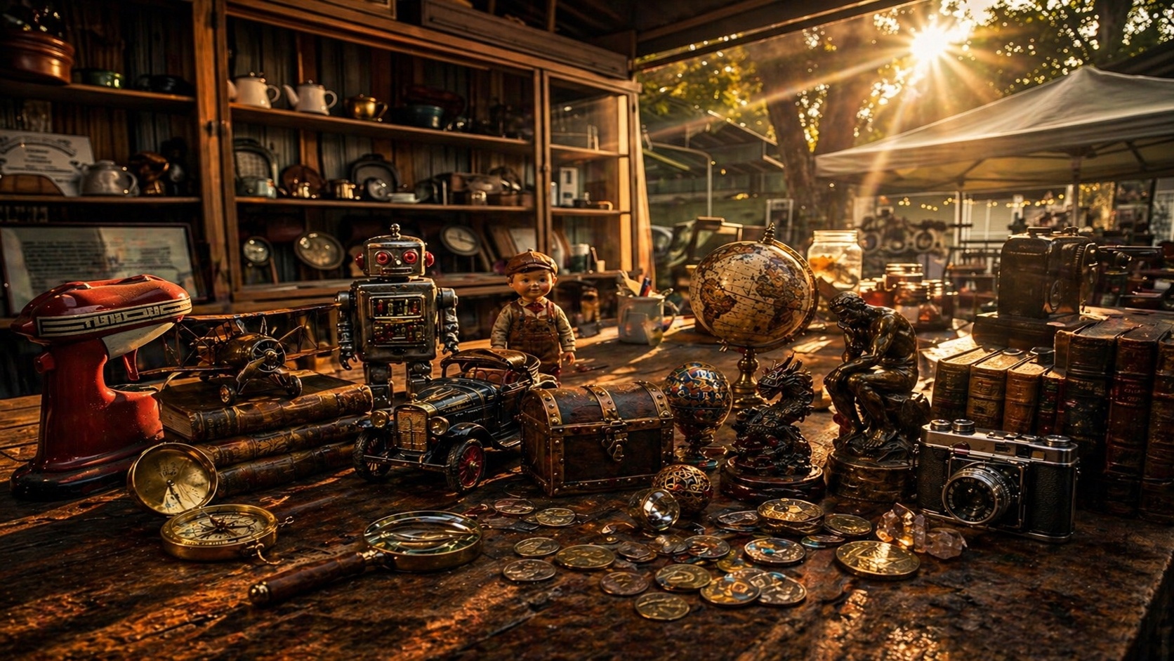 unique collectible items displayed on a wooden table with vintage objects, coins, books, and curios in a warm sunlit collector setting
