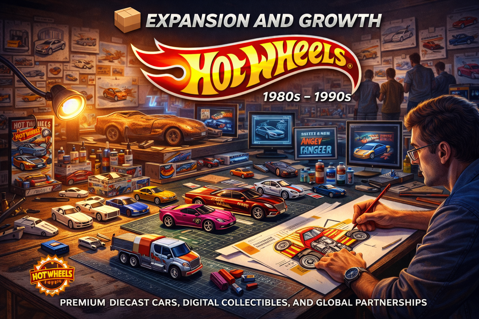 Hot Wheels expansion and growth 1980s 1990s design studio showing artist creating diecast car prototypes with sketches and early models