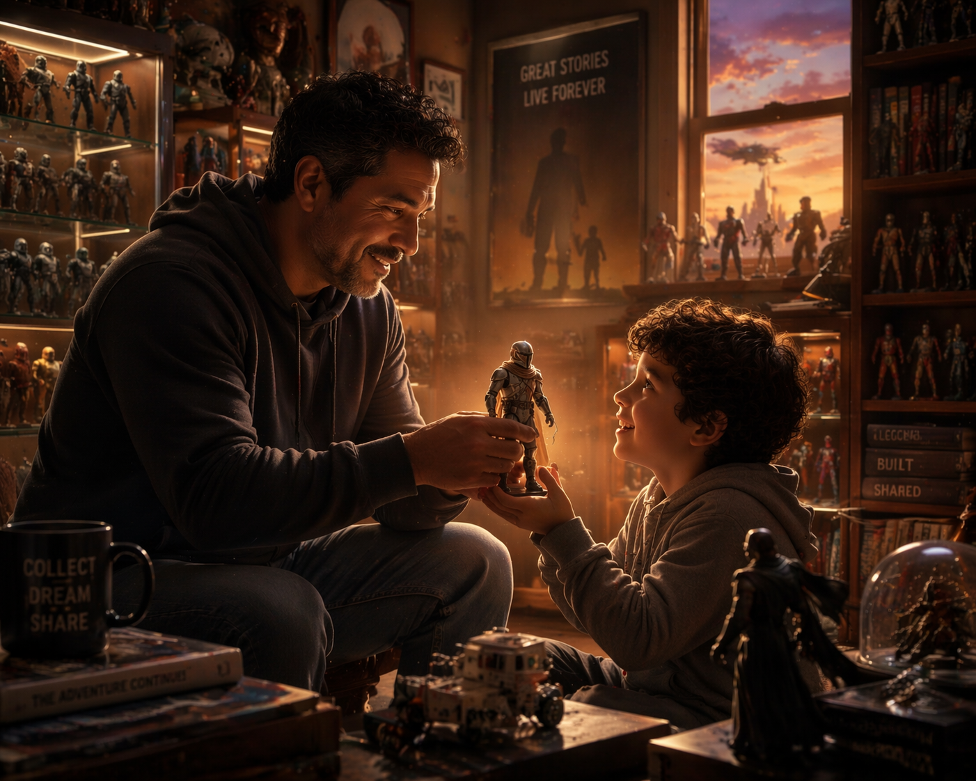 Father sharing collectible action figure with child in a cozy room of sci-fi collectibles, representing the legacy and joy of passing down toy collecting across generations