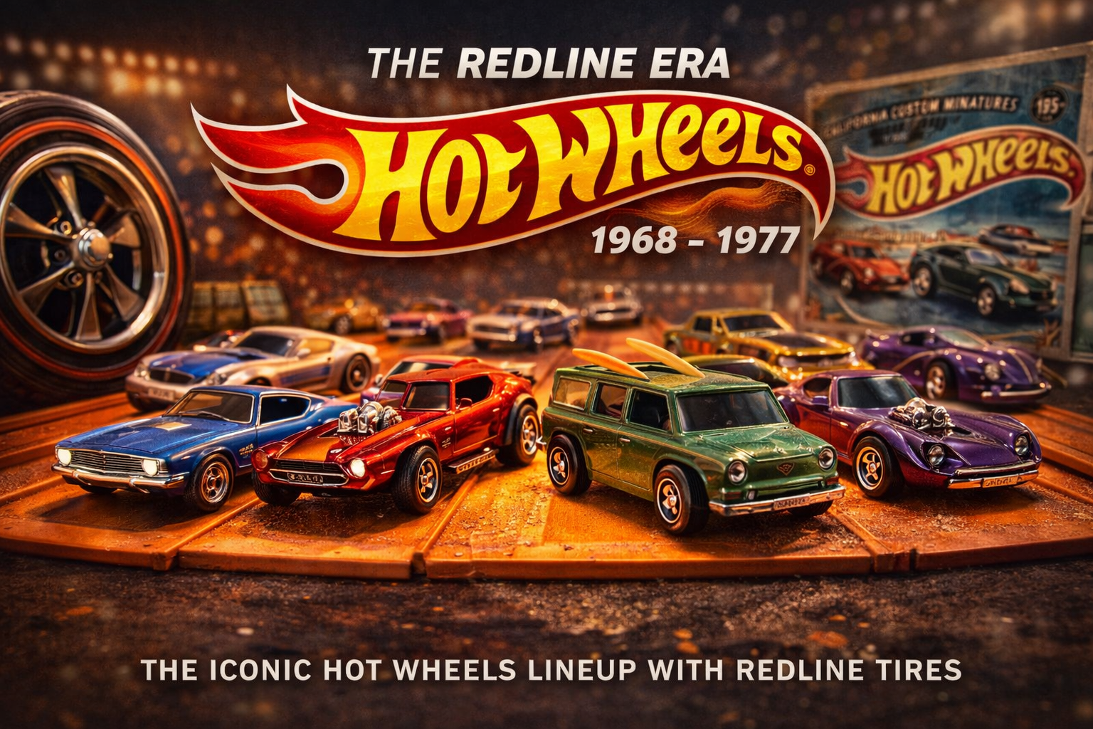 Hot Wheels Redline era 1968 to 1977 collection featuring vintage redline cars with classic stripe tires on orange track display