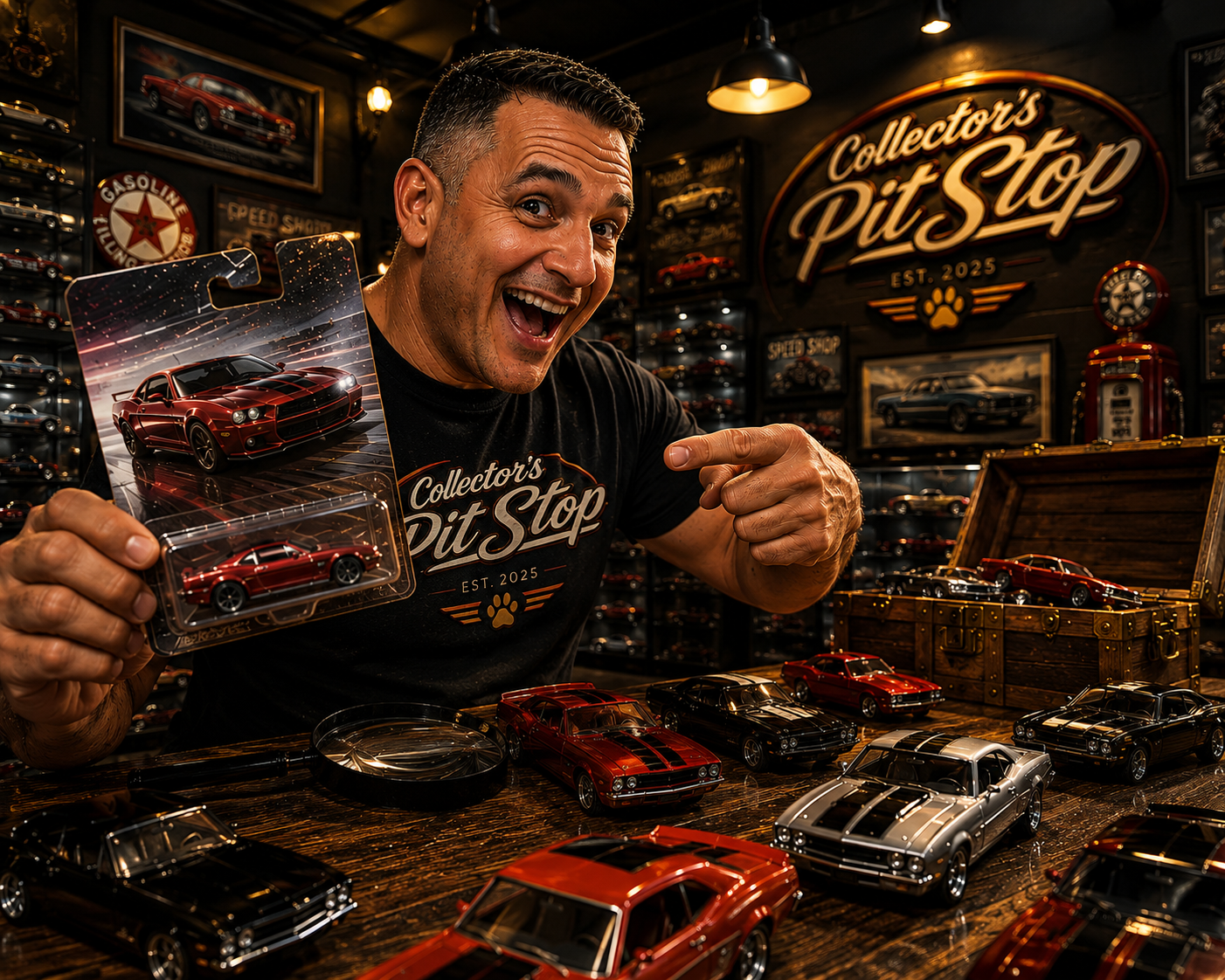 Hot Wheels repack warning signs in premium collector garage with diecast collector inspecting packaged muscle car