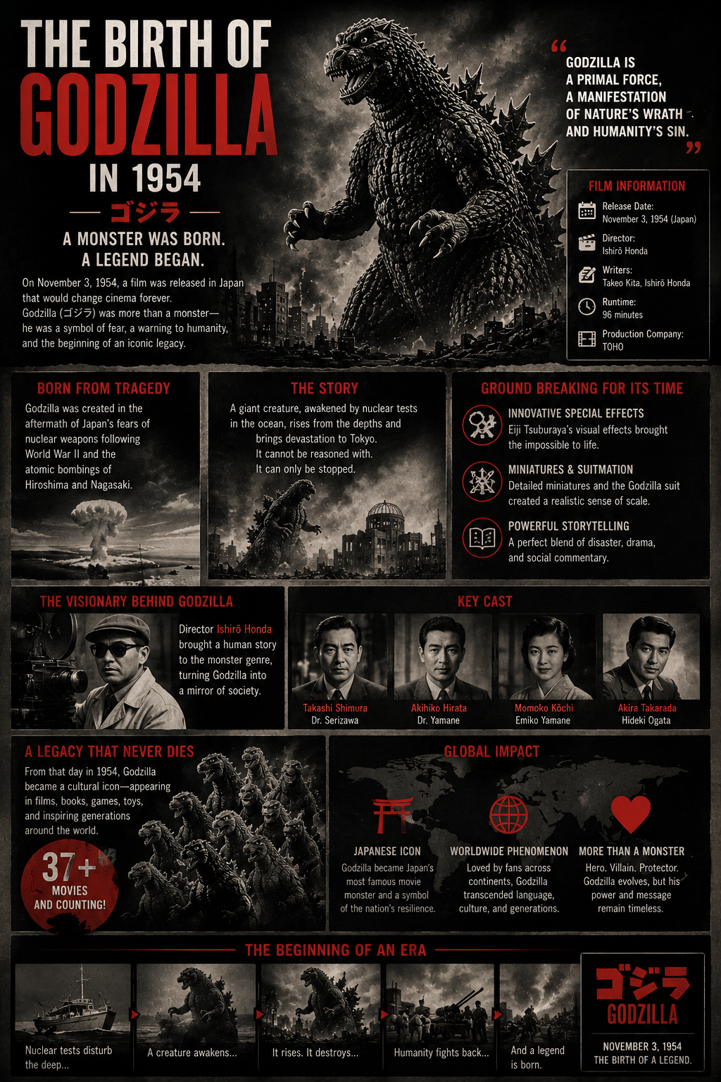 "Godzilla History, Birth of Godzilla 1954 infographic featuring the origins of Godzilla, nuclear age symbolism, Ishirō Honda, Eiji Tsuburaya, practical effects, suitmation, and the creation of one of cinema's most influential monsters."