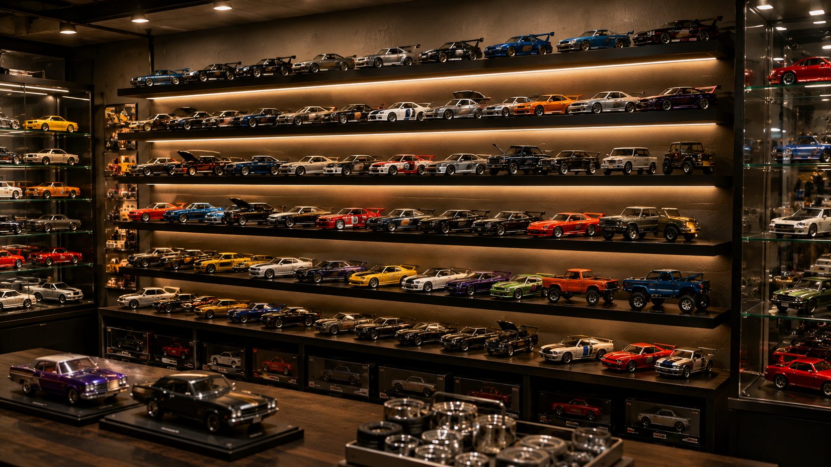 Premium diecast collector wall display featuring miniature muscle cars, JDM imports, lifted trucks, rally cars, and vintage classics arranged on illuminated shelves inside a luxury collector garage