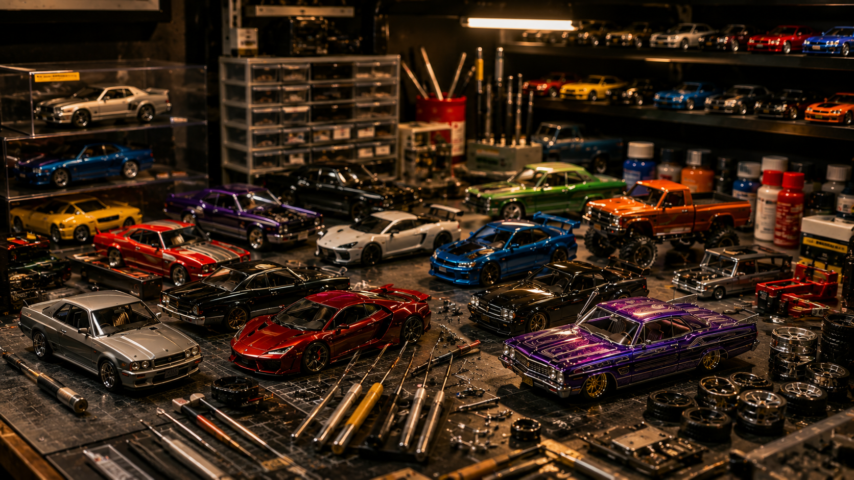 Detailed diecast collector workbench with miniature muscle cars, lowriders, JDM imports, hobby tools, wheels, and custom diecast builds inside a cinematic garage workspace
