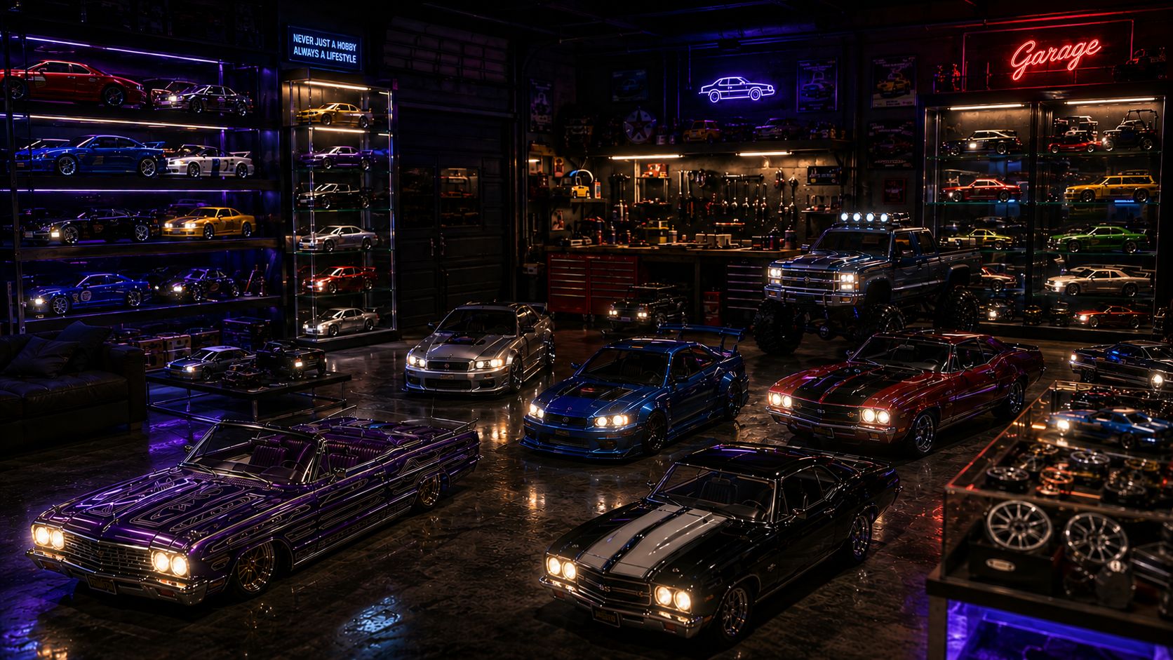 Cinematic nighttime diecast collector garage featuring illuminated miniature muscle cars, lowriders, JDM imports, lifted trucks, and custom builds under neon workshop lighting