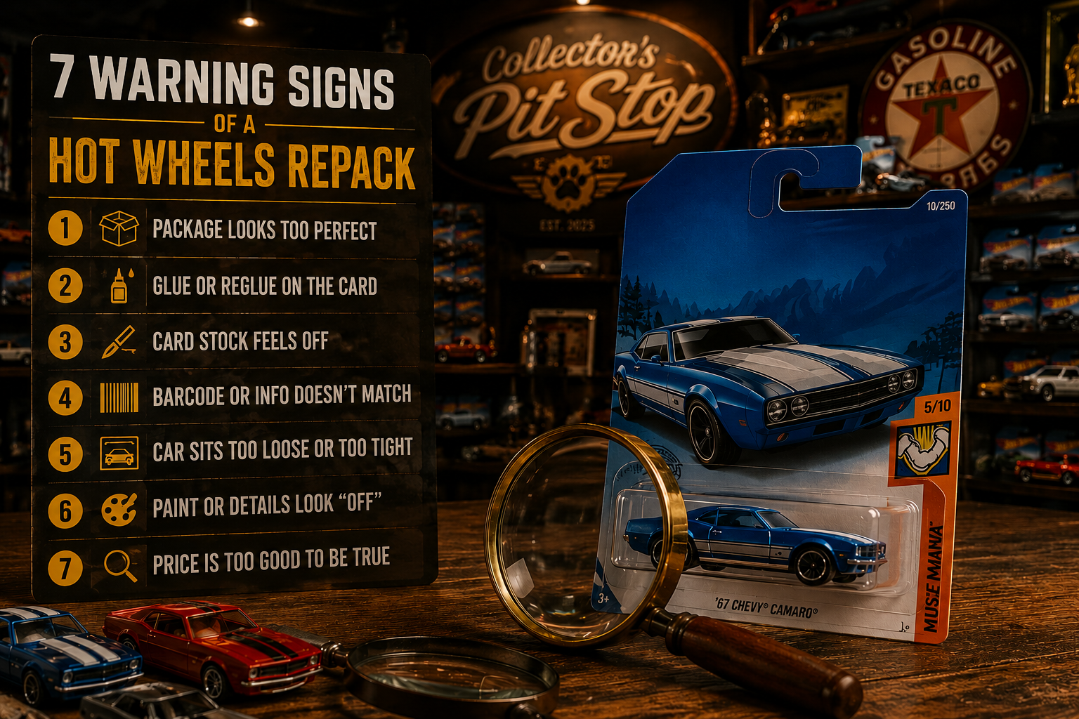 Hot Wheels repack warning signs displayed beside a generic diecast collector card package in a premium collector garage with magnifying glass, warm cinematic lighting, and vintage diecast displays.