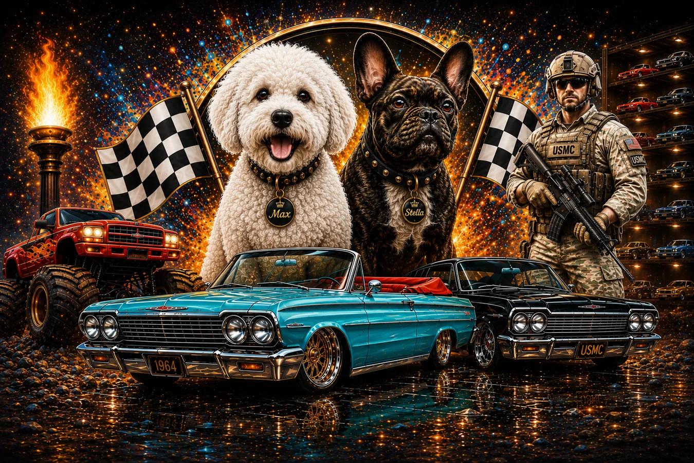 Collectors’ Pit Stop custom banner featuring Max the white Goldendoodle and Stella the French Bulldog with classic lowrider cars, monster truck, military-inspired collector theme, and checkered racing flags.