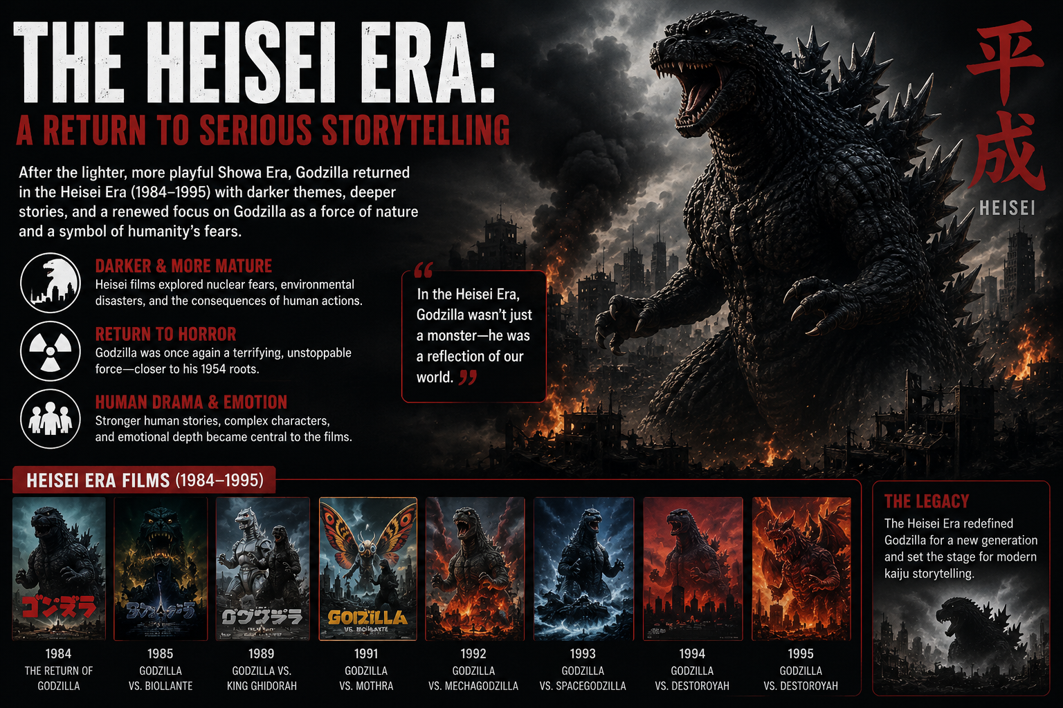 "Heisei Era Godzilla infographic showing the return to serious storytelling from 1984 to 1995, featuring Godzilla, darker themes, iconic monster battles, and the major films that shaped modern kaiju cinema."