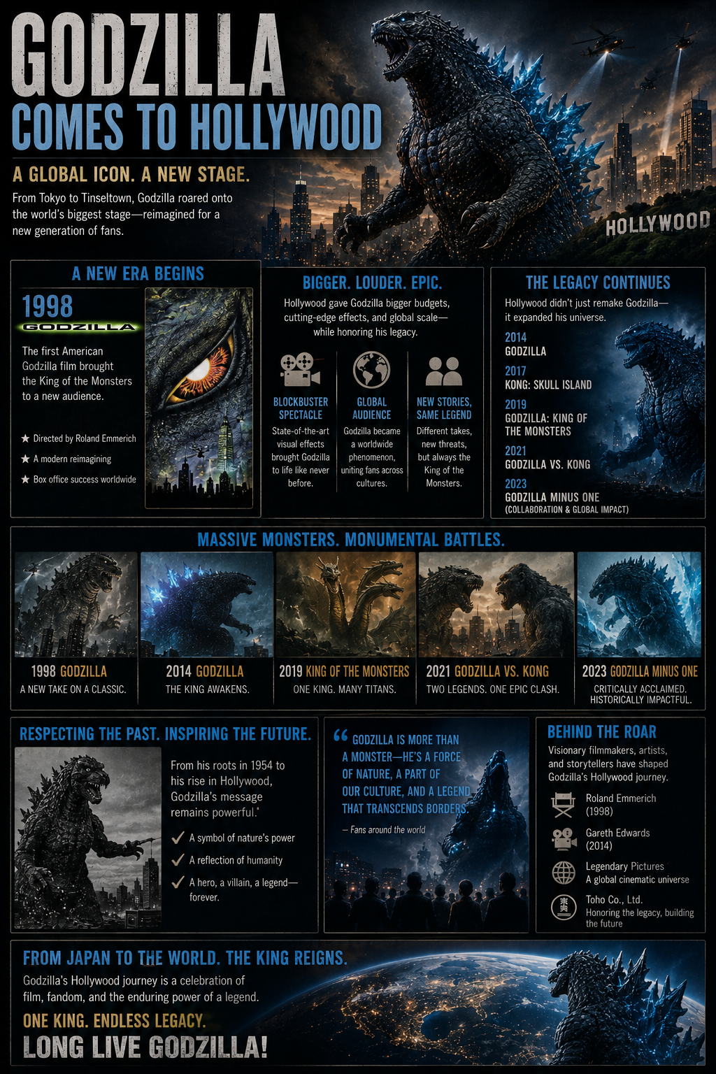 "Godzilla Comes to Hollywood infographic showcasing Godzilla's journey from Japan to Hollywood, featuring blockbuster films, global popularity, modern visual effects, and the evolution of the MonsterVerse."