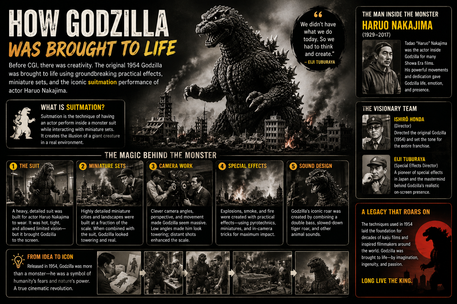 "How Godzilla was brought to life infographic featuring suitmation, Haruo Nakajima, Ishirō Honda, Eiji Tsuburaya, miniature sets, practical effects, and the filmmaking techniques behind the original 1954 Godzilla movie."