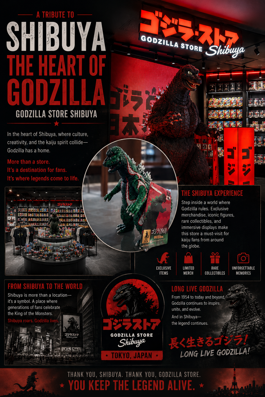 "Godzilla Store Shibuya tribute poster featuring the official Godzilla Store in Tokyo, exclusive Godzilla collectibles, a 1968 Godzilla figure, store displays, and memorabilia from a special visit to Shibuya, Japan."