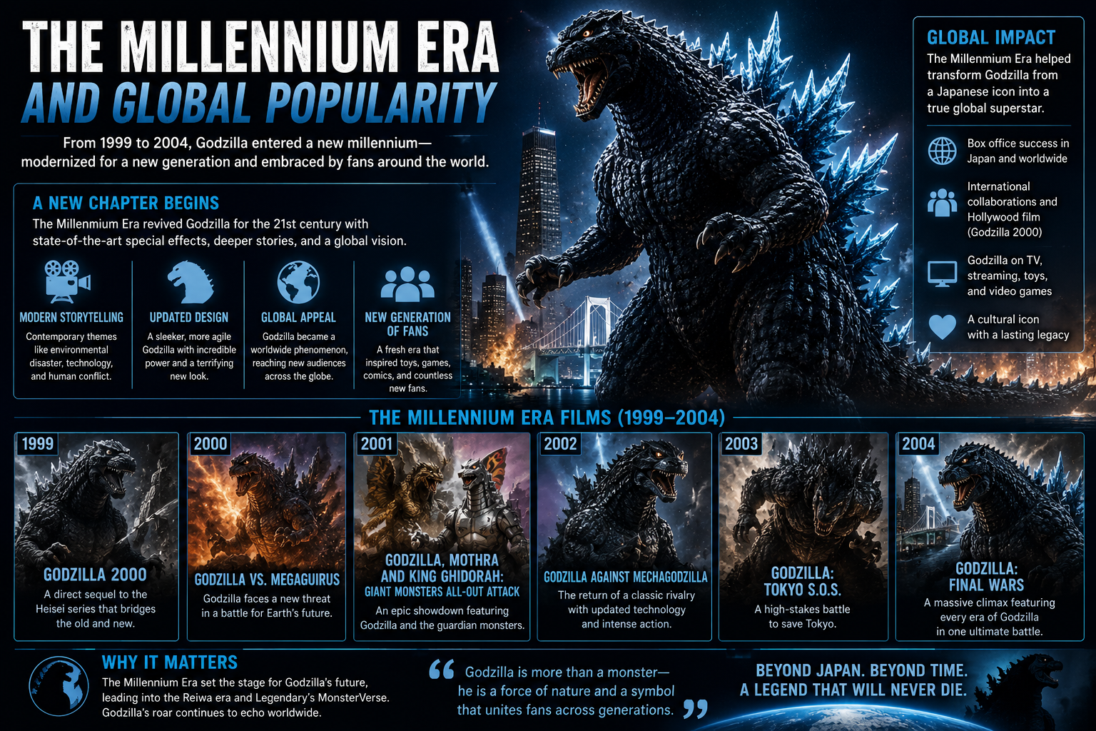 "Millennium Era Godzilla infographic showcasing global popularity from 1999 to 2004, featuring modern Godzilla, major Millennium films, worldwide fan growth, and the evolution of the kaiju franchise."