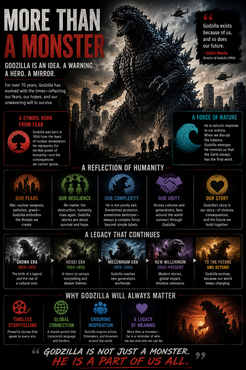 "More Than a Monster Godzilla infographic explaining Godzilla's symbolism, cultural impact, environmental themes, human resilience, and lasting legacy as a global pop culture icon."