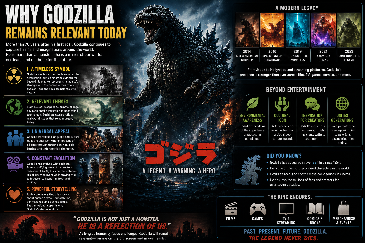 "Why Godzilla remains relevant today infographic featuring Godzilla's cultural impact, environmental themes, global popularity, modern films, and lasting influence on generations of fans around the world."