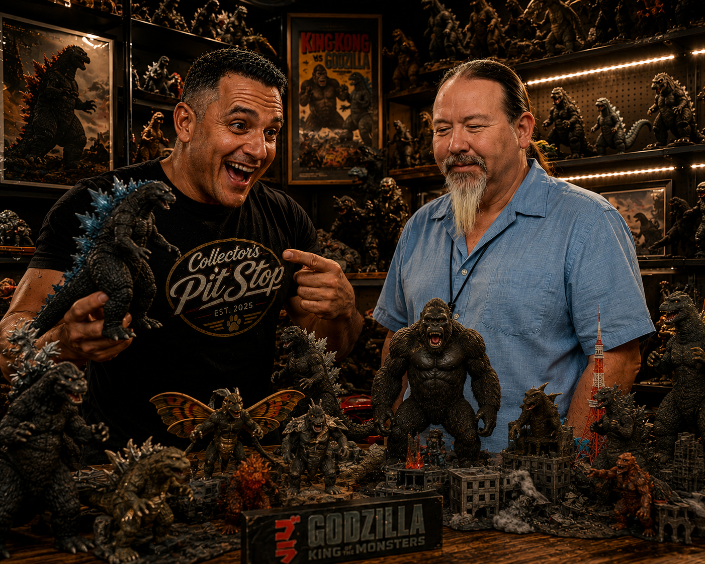 "Two collectors admiring a massive Godzilla and King Kong figure collection displayed in a dedicated monster-themed collector room. Shelves are filled with detailed kaiju figures, dioramas, and memorabilia, while one collector wearing a Collector's Pit Stop shirt proudly holds a Godzilla figure as they explore the impressive collection together."