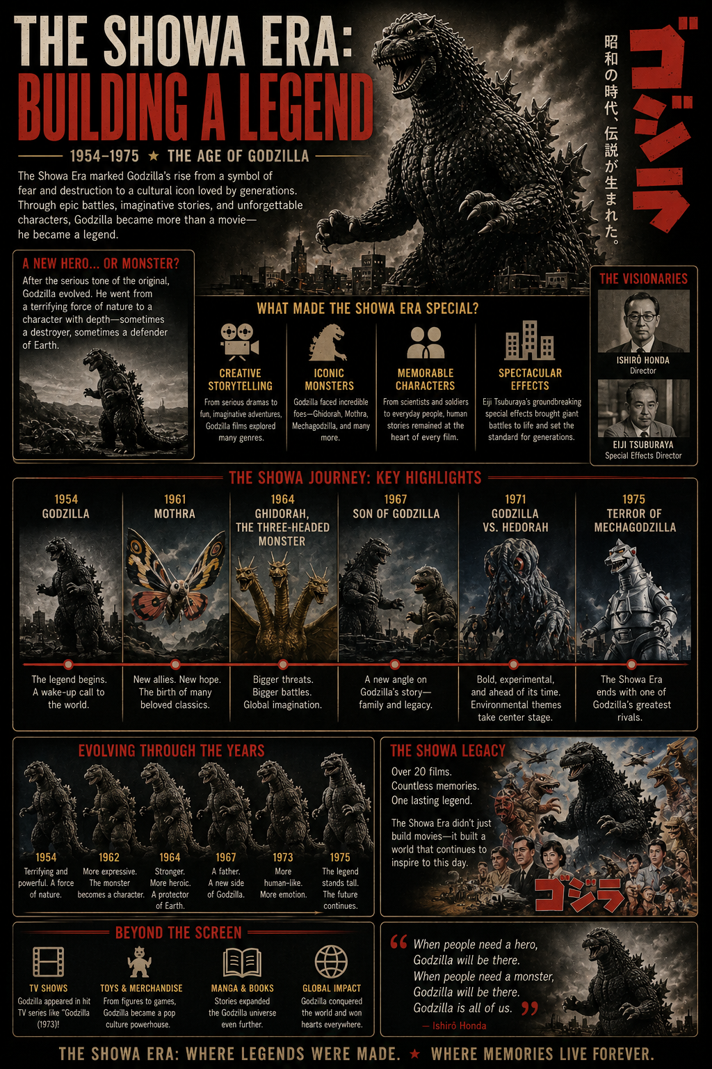 "Showa Era Godzilla infographic covering 1954 to 1975, featuring Godzilla's rise to legendary status, classic kaiju battles, iconic monsters, practical effects, and the films that built the foundation of the Godzilla franchise."